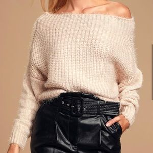 NEW Lulus Feeling It Emerald Eyelash Knit Off-the-Shoulder Sweater
